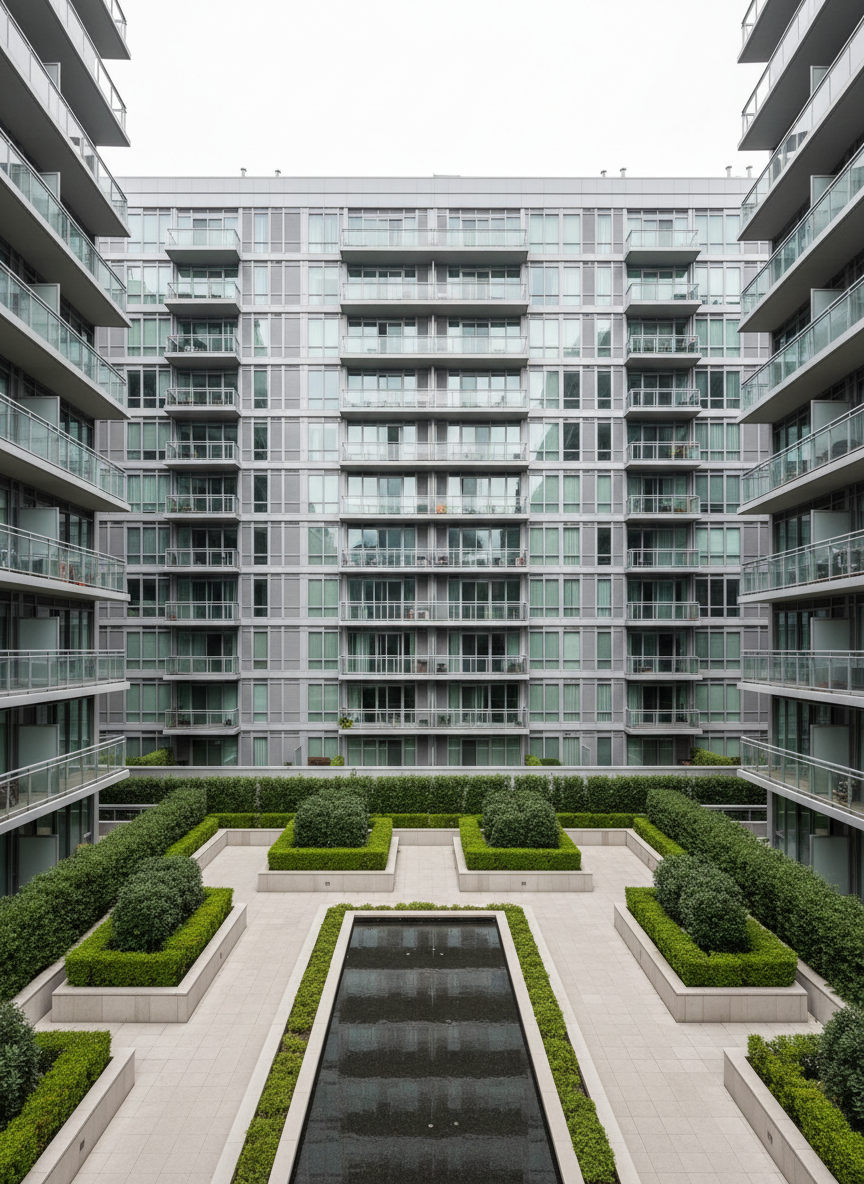 A meticulously maintained modern condominium building with sleek facades of light gray concrete, smooth glass balconies, and minimalist metallic railings. The scene is set in a landscaped courtyard surrounded by perfectly trimmed hedges and neutral stone walkways, providing a sense of order and tranquility. Soft, natural daylight filters through light cloud cover, casting faint but defined shadows that accentuate clean lines and geometric forms. The atmosphere is calm, reflecting professionalism and structured management. Captured from a slightly elevated wide-angle perspective, the composition uses balanced symmetry, highlighting the corporate, organized spirit of the site. The photographic realism and neutral color palette align with a clean, modern aesthetic, conveying trustworthy condominium management.