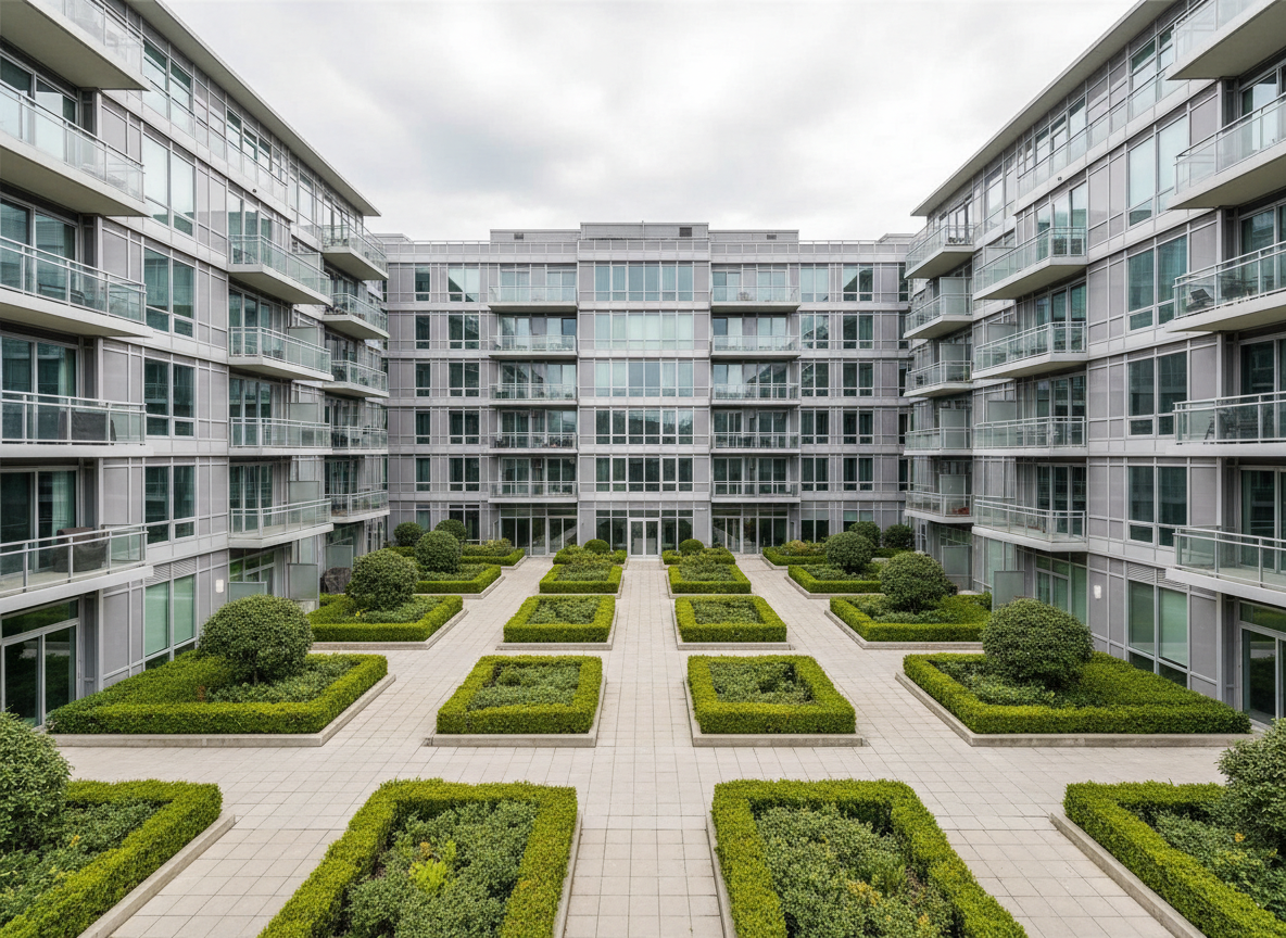 A meticulously maintained modern condominium building with sleek facades of light gray concrete, smooth glass balconies, and minimalist metallic railings. The scene is set in a landscaped courtyard surrounded by perfectly trimmed hedges and neutral stone walkways, providing a sense of order and tranquility. Soft, natural daylight filters through light cloud cover, casting faint but defined shadows that accentuate clean lines and geometric forms. The atmosphere is calm, reflecting professionalism and structured management. Captured from a slightly elevated wide-angle perspective, the composition uses balanced symmetry, highlighting the corporate, organized spirit of the site. The photographic realism and neutral color palette align with a clean, modern aesthetic, conveying trustworthy condominium management.