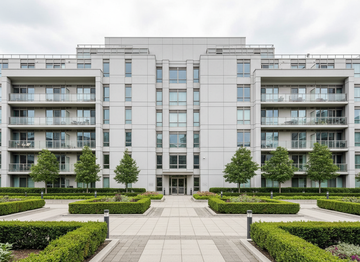 A meticulously maintained modern condominium building with sleek facades of light gray concrete, smooth glass balconies, and minimalist metallic railings. The scene is set in a landscaped courtyard surrounded by perfectly trimmed hedges and neutral stone walkways, providing a sense of order and tranquility. Soft, natural daylight filters through light cloud cover, casting faint but defined shadows that accentuate clean lines and geometric forms. The atmosphere is calm, reflecting professionalism and structured management. Captured from a slightly elevated wide-angle perspective, the composition uses balanced symmetry, highlighting the corporate, organized spirit of the site. The photographic realism and neutral color palette align with a clean, modern aesthetic, conveying trustworthy condominium management.